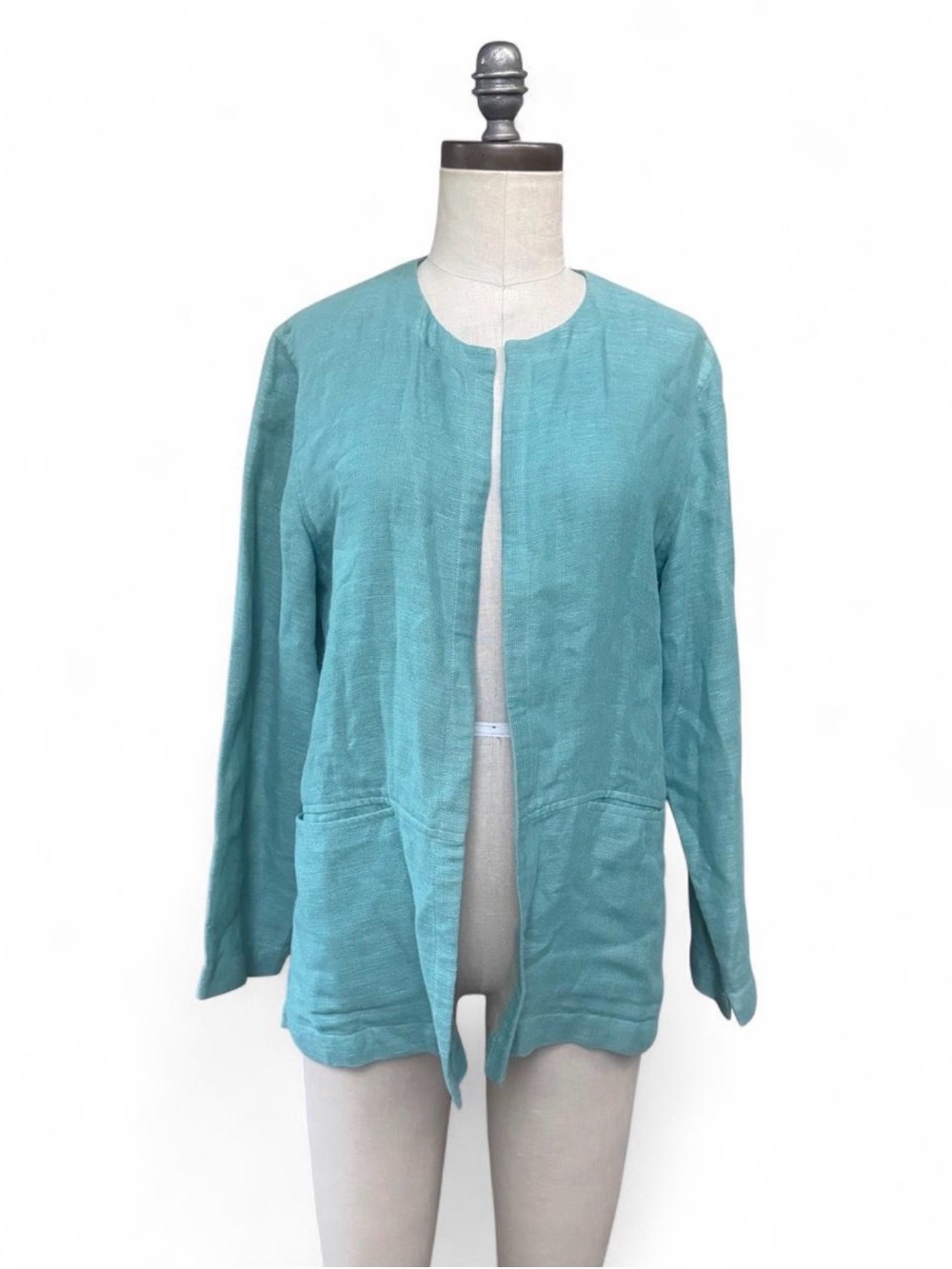 Sigrid Olsen Linen & Cotton open cardigan jacket lightweight weave turquoise S